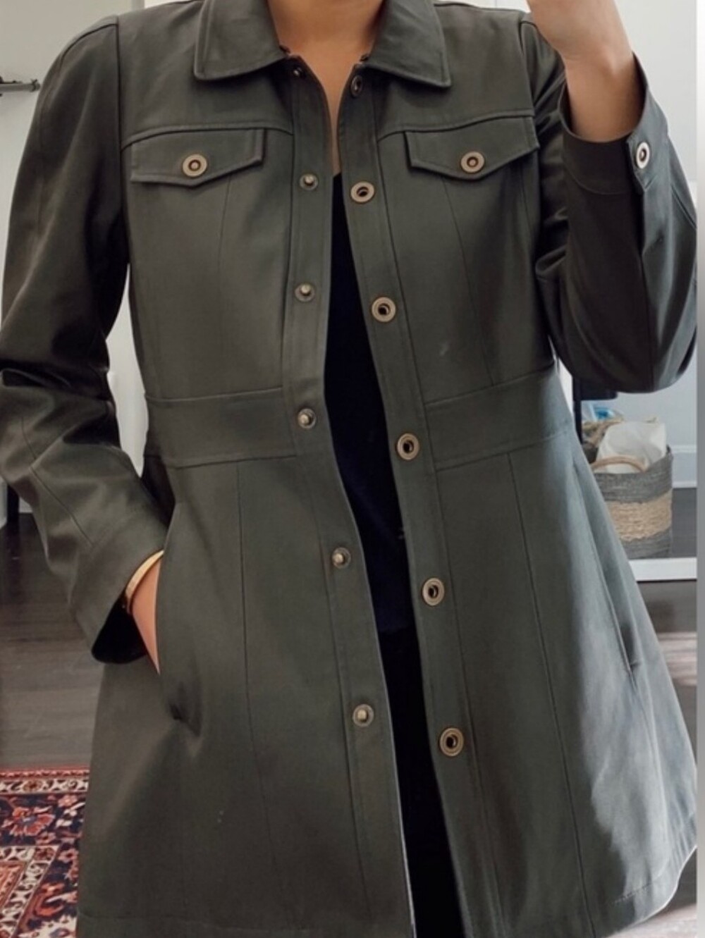 Anthropologie Maeve Kellie Green Button-Front faux leather Trench
